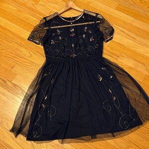 Boohoo B Black Lined Mesh Embroidered Party Dress with Copper Accents